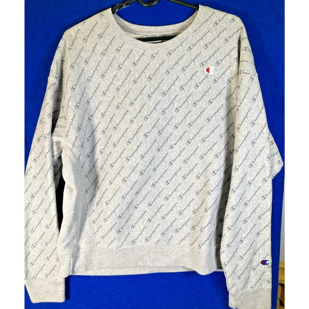 Champion Women's Reverse Weave Sweatshirt XL Gray Allover Script Logo Crewneck